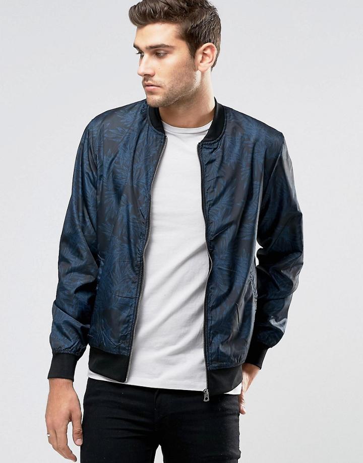 Jack & Jones Zip Through Nylon Bomber With Palm Leaf Print - Navy