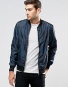 Jack & Jones Zip Through Nylon Bomber With Palm Leaf Print - Navy