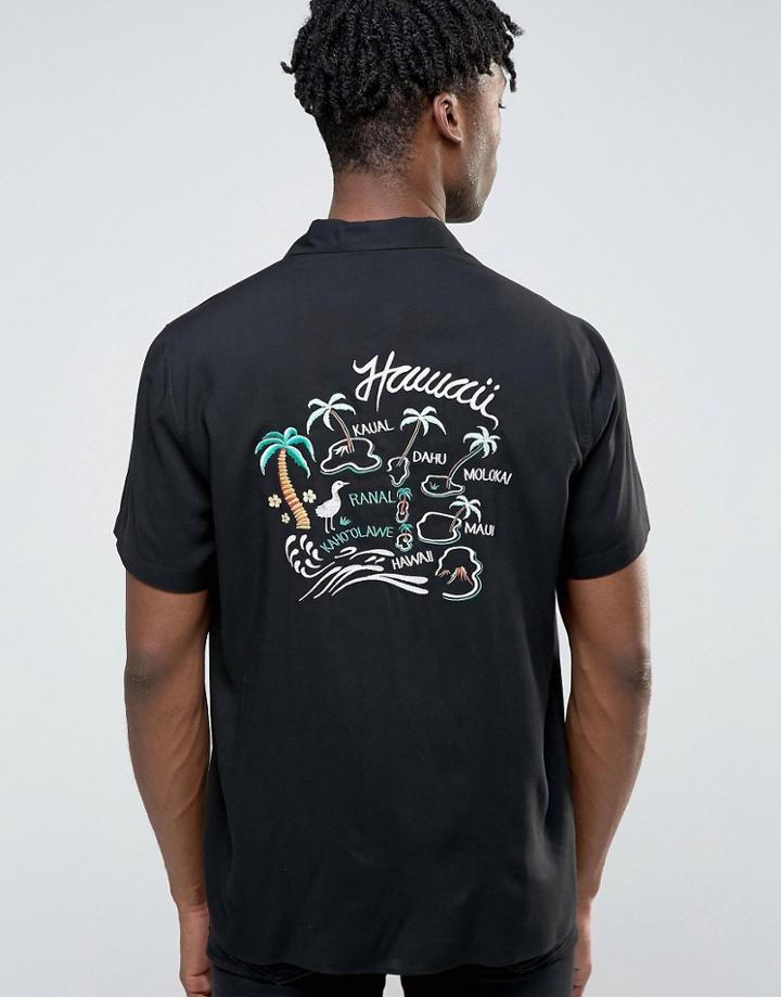 Asos Viscose Shirt With Island Embroidery And Revere Collar In Regular Fit - Black