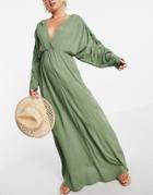 Asos Design Plunge Front Beach Maxi Dress In Khaki-green