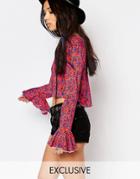 Milk It Vintage Floral Smock Top With Fluted Sleeves & V Neck - Pink Multi