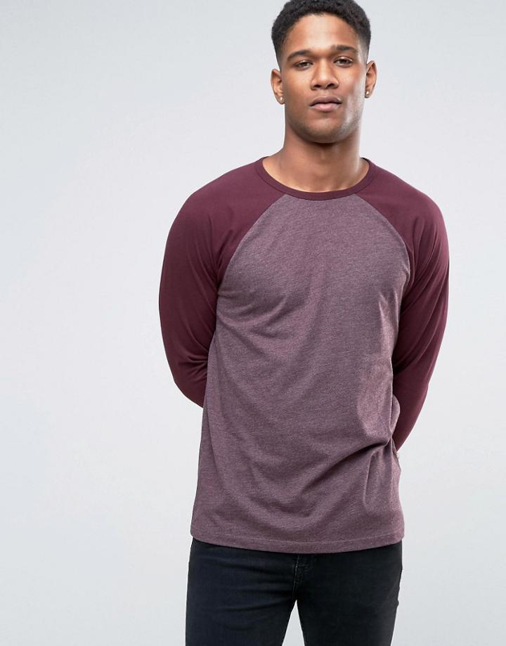 Asos Long Sleeve T-shirt With Contrast Raglan Sleeves In Oxblood - Red
