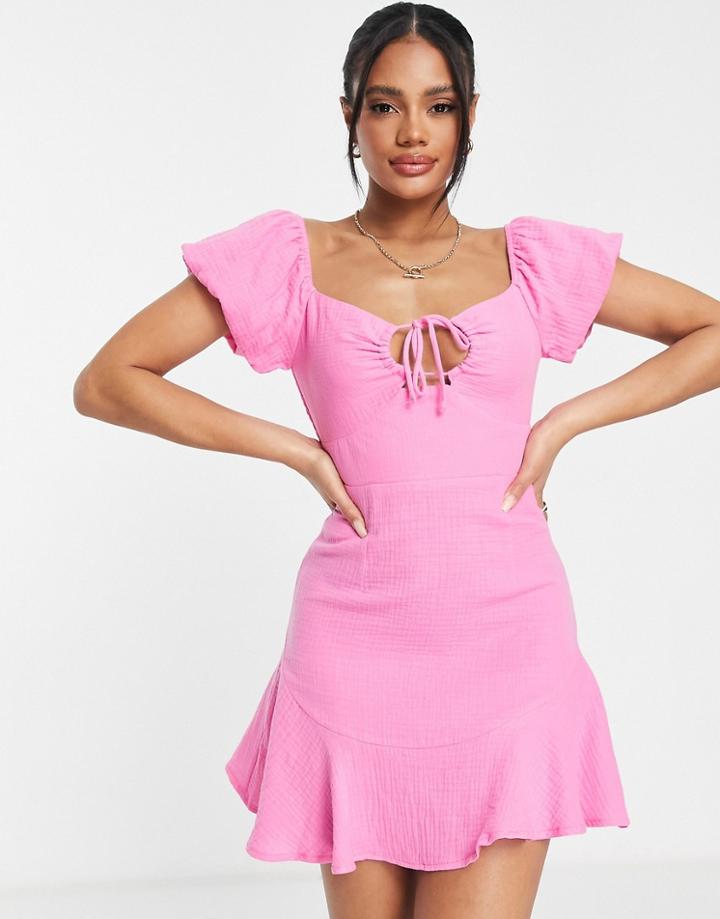 Parallel Lines Tie Front Flippy Mini Dress In Fuchsia-pink