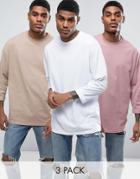 Asos Oversized Long Sleeve T-shirt With Roll Sleeve 3 Pack In Beige/white/pink Save - Multi