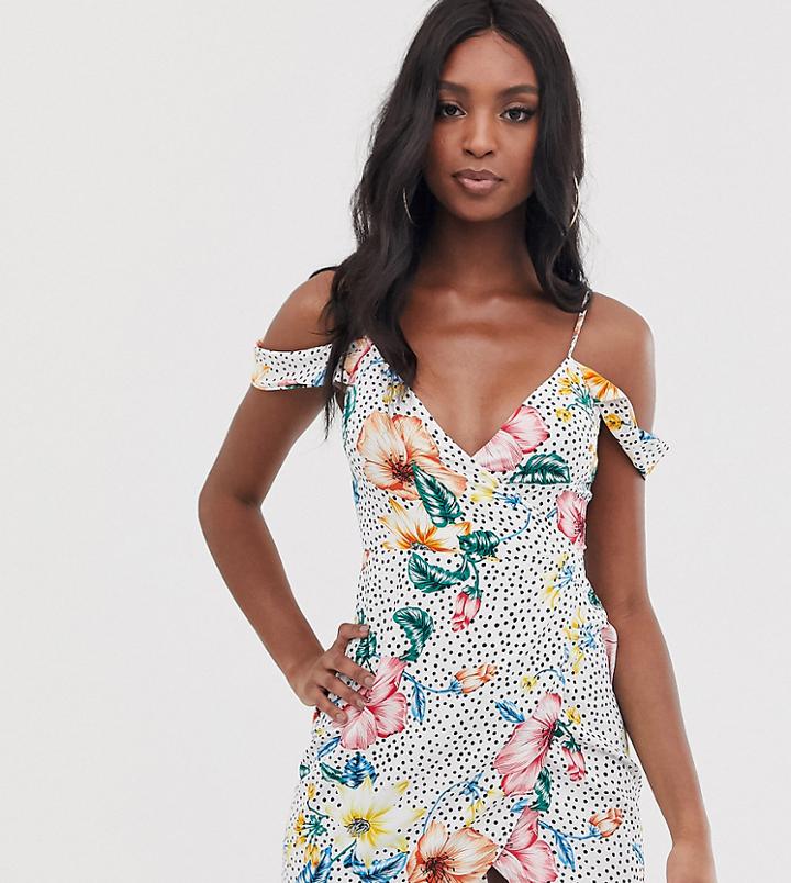 Parisian Tall Cold Shoulder Dress With Floral Polka Print-multi
