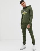 Asos Design Tracksuit Muscle Hoodie/super Skinny Sweatpants With Tiger Print In Khaki-green