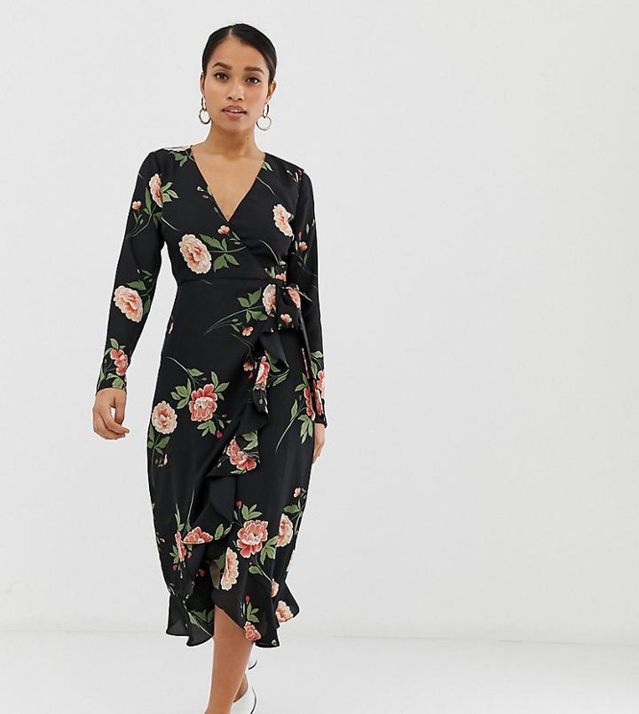 Fashion Union Petite Wrap Midi Dress In Oversize Floral-black