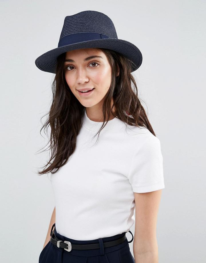 Liquorish Straw Trilby Hat With Ribbon - Navy Blue