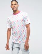 Asos Oversized T-shirt With Pastel Checkerboard Print & Contrast Neck Trim - Multi