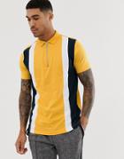 Asos Design Organic Polo Shirt With Vertical Panels And Zip Neck In Yellow - Yellow