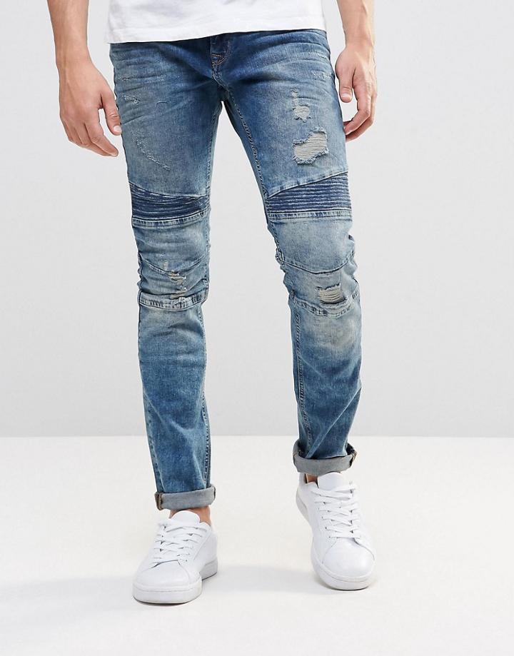 Pull & Bear Skinny Tapered Biker Jeans In Vintage Blue With Rips - Blue