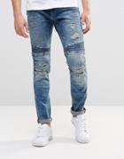 Pull & Bear Skinny Tapered Biker Jeans In Vintage Blue With Rips - Blue
