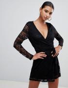 In The Style Floral Lace Wrap Over Mini Dress - Black