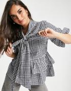 Influence Tie Neck Blouse In Navy Gingham