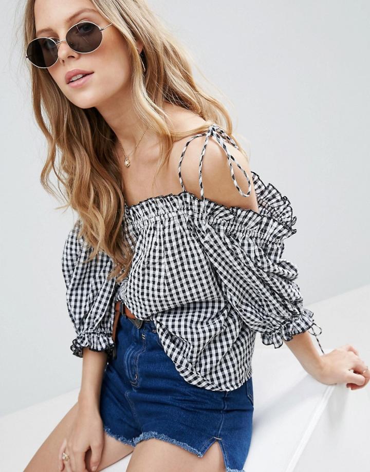 Asos Cold Shoulder Tie Cami Top In Gingham - Multi