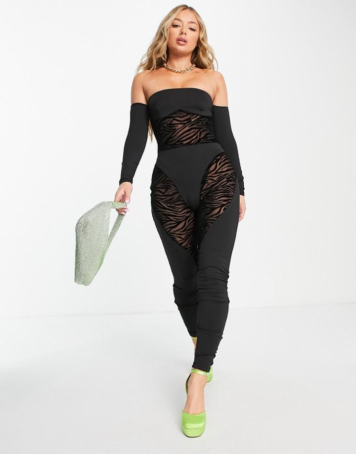 Rebellious Fashion Cut Out Mesh Jumpsuit In Zebra Print-multi