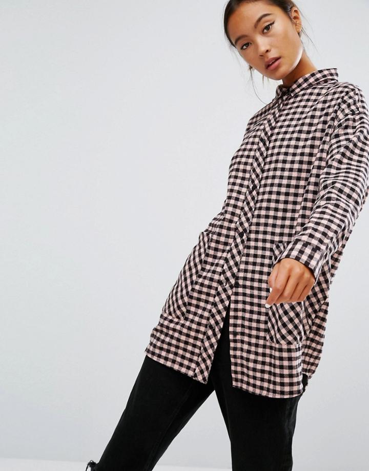 Monki Large Pocket Check Shirt - Pink