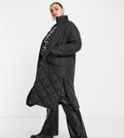 Violet Romance Plus Longline Diamond Quilt Puffer Coat With Funnel Neck In Black