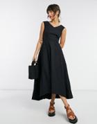 Closet London V-neck High Low Pleated Midi Dress In Black