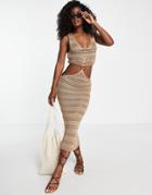 Miss Selfridge Crochet Ring Detail Cut Out Midi Dress In Tan-brown