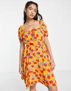 Vila Mini Dress With Bust Detail In Orange Retro Floral