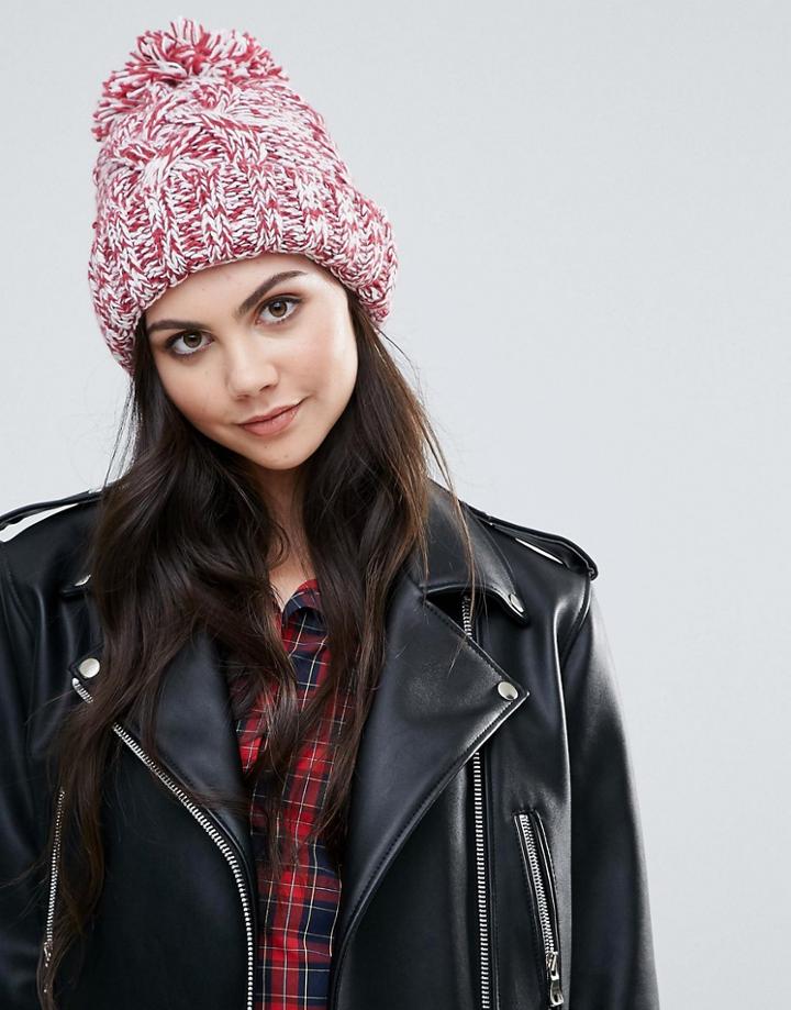Alice Hannah Marl Chunky Knit Cable Stitch Beanie Hat - Red