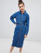 Asos Design Denim Utility Dress In Midwash Blue