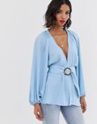 Asos Design Long Sleeve Plunge Top With Kimono Sleeve And Belt-blue