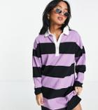 Asos Design Petite Long Sleeve Collared Shirt Mini Dress In Black And Lilac Stripe-purple