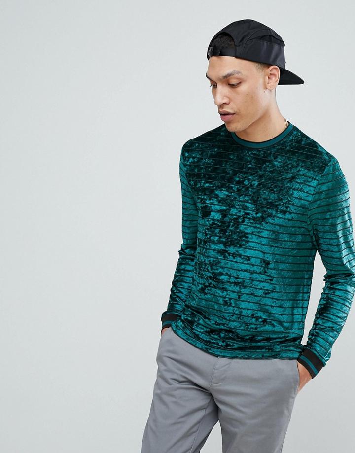 Asos Long Sleeve Stripe T-shirt In Green Velour - Green