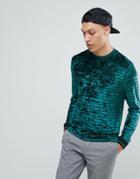 Asos Long Sleeve Stripe T-shirt In Green Velour - Green