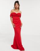 Goddiva Bardot Ruched Maxi Dress In Red