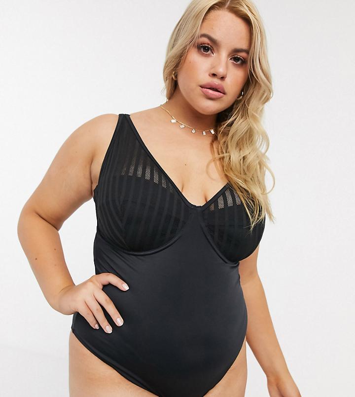 Asos Design Curve Recycled Underwired Mesh Overlay Cupped Swimsuit In Black
