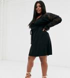 Pink Clove Wrap Front Dress With Tie Waist And Contrast Lace In Black - Black