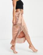 Rare London Coordinating Wrap Midi Skirt With Fringe In Camel-neutral