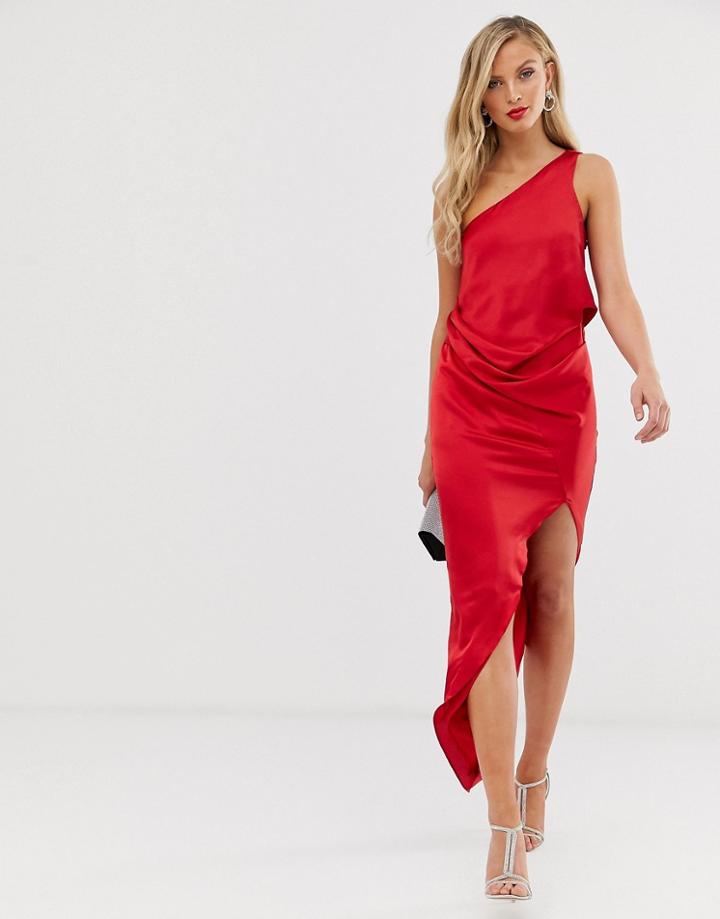 Asos Design One Shoulder Drape Midi Dress In Satin - Red