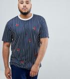Asos Design Plus Relaxed T-shirt With Vertical Stripe And Rose Embroidery - Navy