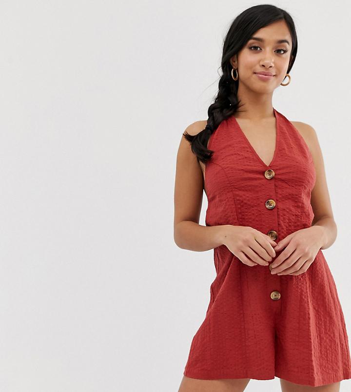 Asos Design Petite Halter Romper With Button Detail In Self Stripe - Brown