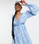 Asos Design Tall Lace Insert Mini Skater Dress In Blue Floral Print-multi