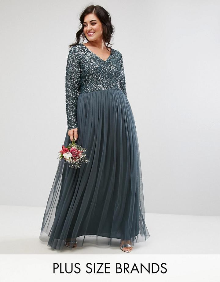 Maya Plus Plunge Front Long Sleeve Maxi Dress In Tonal Delicate Sequin And Tulle Skirt - Blue