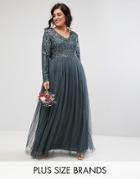 Maya Plus Plunge Front Long Sleeve Maxi Dress In Tonal Delicate Sequin And Tulle Skirt - Blue