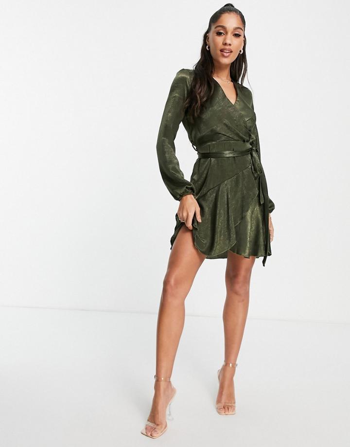 First Distraction The Label Satin Mini Wrap Dress In Olive-green