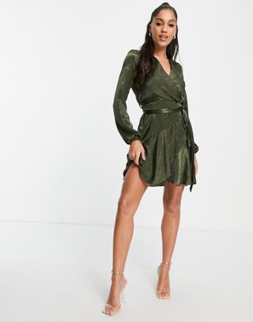 First Distraction The Label Satin Mini Wrap Dress In Olive-green