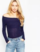 Asos Top With Off Shoulder Detail In Slouchy Rib - Navy