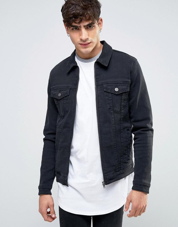 Asos Skinny Fit Zip Through Western Denim Jacket In Black - Black