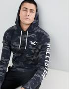 Hollister Back And Sleeve Logo Camo Print Hoodie In Black - Black