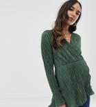 Asos Design Maternity Long Sleeve Wrap Top In Plisse With Asymmetric Hem-green