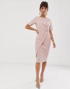 Closet London Wrapover Ruched Pencil Dress With Asymmetric Skirt In Mauve-purple