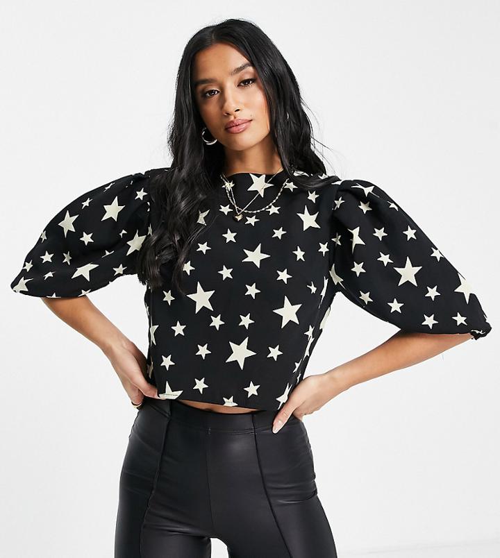 John Zack Petite Puff Sleeve Print Crop Top In Black Polka-multi