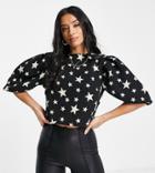 John Zack Petite Puff Sleeve Print Crop Top In Black Polka-multi